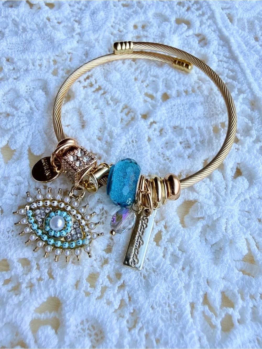 Gold-Tone Charm Bracelet with Turquoise Blue Eye Charm